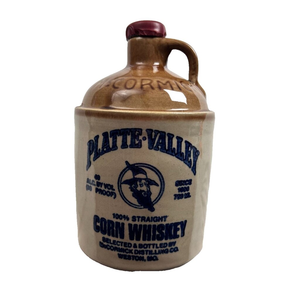 Vintage Platte Valley Corn Whiskey Jug Ceramic Bottle Cork Filled